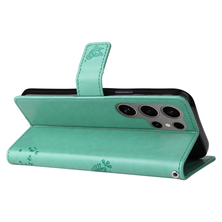 For Samsung Galaxy S25 Ultra 5G Tree & Cat Embossed Pattern Flip Leather Phone Case(Green)