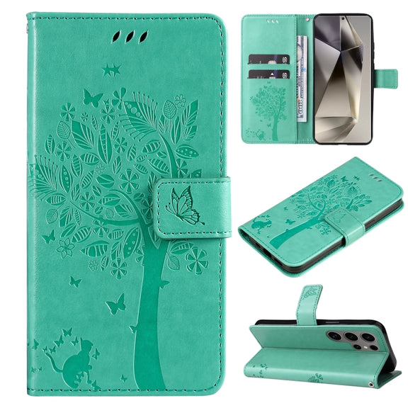 For Samsung Galaxy S25 Ultra 5G Tree & Cat Embossed Pattern Flip Leather Phone Case(Green)