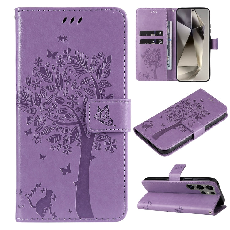 For Samsung Galaxy S25 Ultra 5G Tree & Cat Embossed Pattern Flip Leather Phone Case(Light Purple)