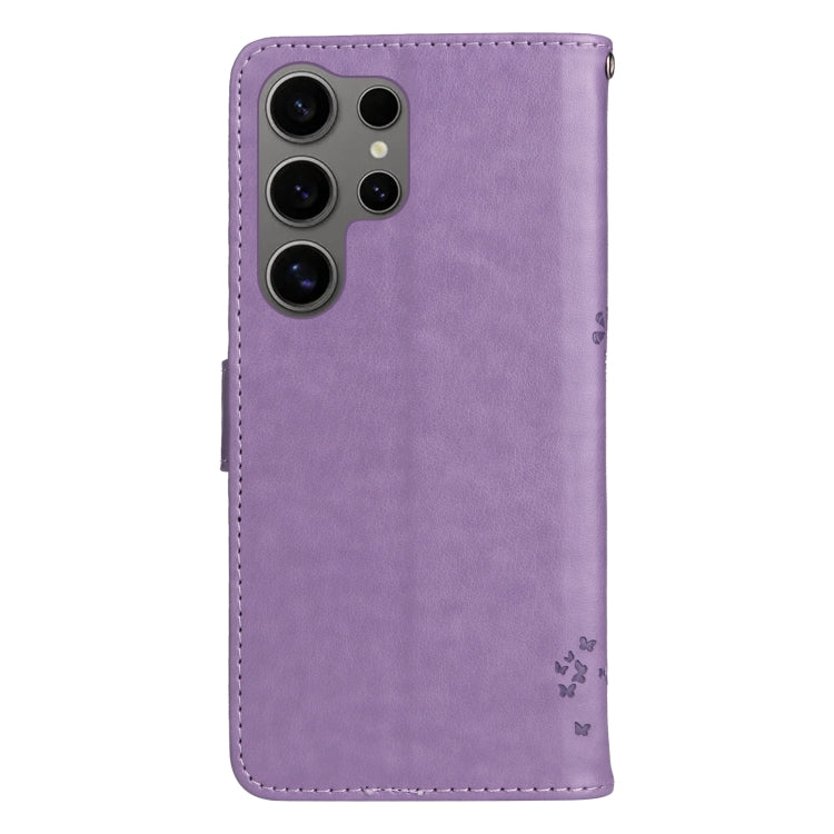 For Samsung Galaxy S25 Ultra 5G Tree & Cat Embossed Pattern Flip Leather Phone Case(Light Purple)
