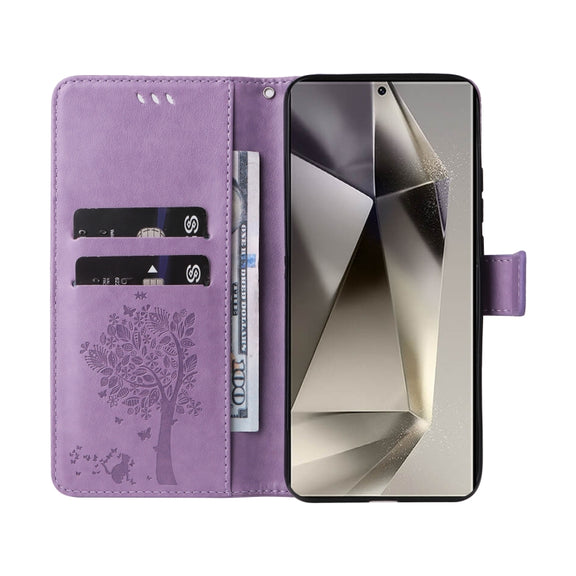 For Samsung Galaxy S25 Ultra 5G Tree & Cat Embossed Pattern Flip Leather Phone Case(Light Purple)