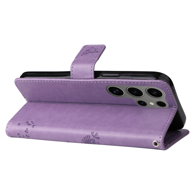 For Samsung Galaxy S25 Ultra 5G Tree & Cat Embossed Pattern Flip Leather Phone Case(Light Purple)