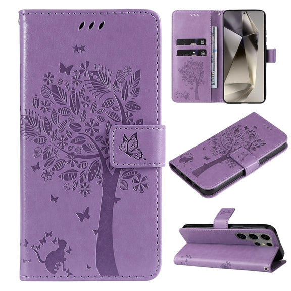 For Samsung Galaxy S25 Ultra 5G Tree & Cat Embossed Pattern Flip Leather Phone Case(Light Purple)