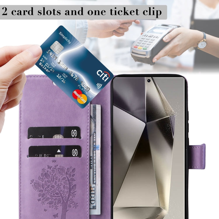 For Samsung Galaxy S25 Ultra 5G Tree & Cat Embossed Pattern Flip Leather Phone Case(Light Purple)