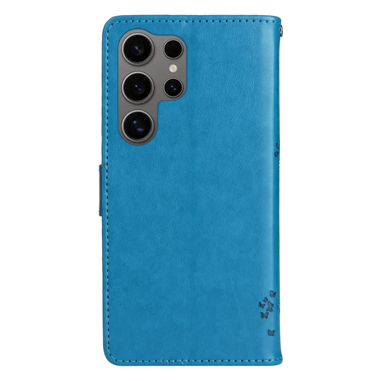 For Samsung Galaxy S25 Ultra 5G Tree & Cat Embossed Pattern Flip Leather Phone Case(Blue)