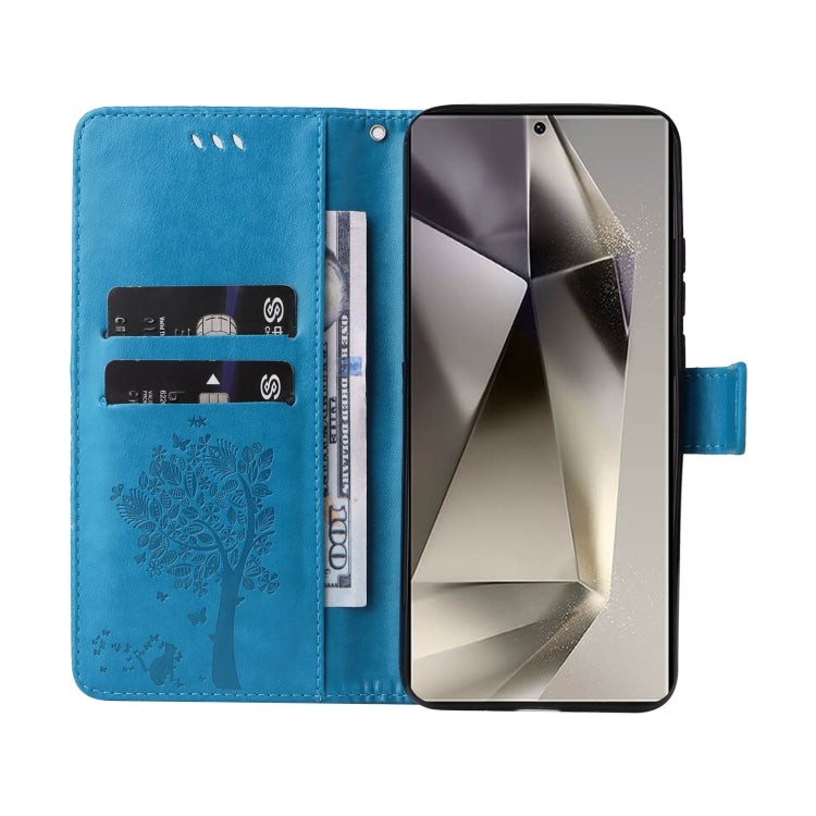For Samsung Galaxy S25 Ultra 5G Tree & Cat Embossed Pattern Flip Leather Phone Case(Blue)
