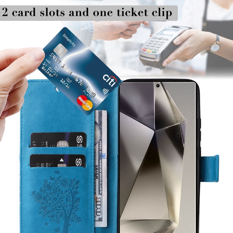 For Samsung Galaxy S25 Ultra 5G Tree & Cat Embossed Pattern Flip Leather Phone Case(Blue)