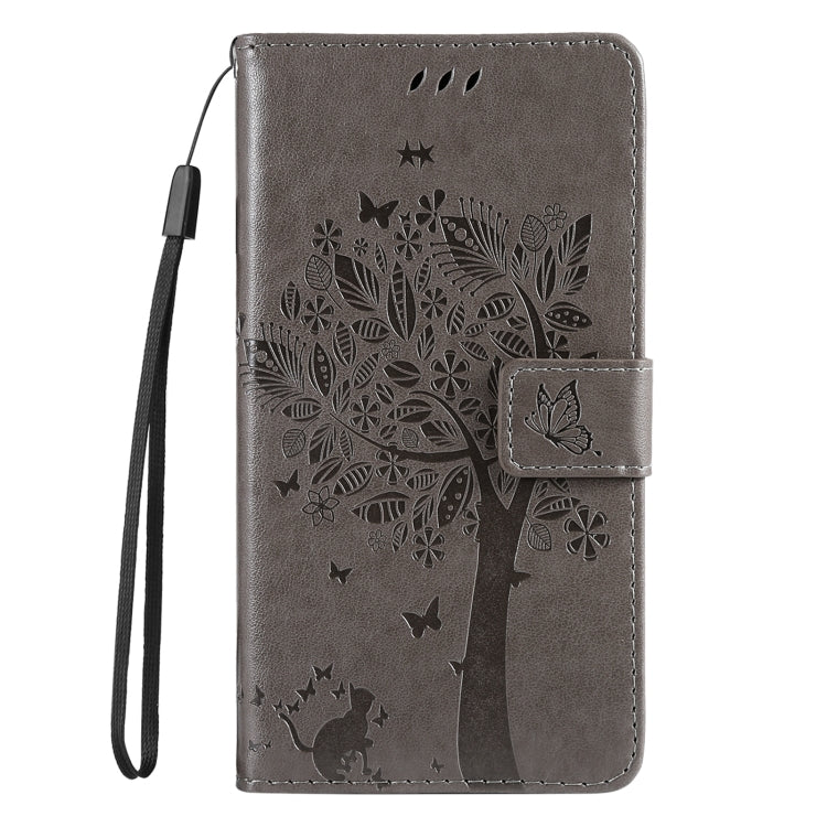For Samsung Galaxy S25 Ultra 5G Tree & Cat Embossed Pattern Flip Leather Phone Case(Grey)