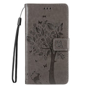 For Samsung Galaxy S25 Ultra 5G Tree & Cat Embossed Pattern Flip Leather Phone Case(Grey)