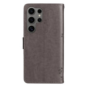 For Samsung Galaxy S25 Ultra 5G Tree & Cat Embossed Pattern Flip Leather Phone Case(Grey)