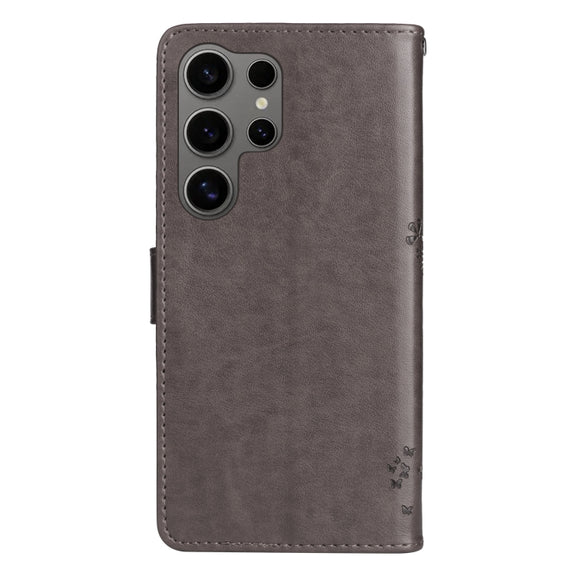 For Samsung Galaxy S25 Ultra 5G Tree & Cat Embossed Pattern Flip Leather Phone Case(Grey)