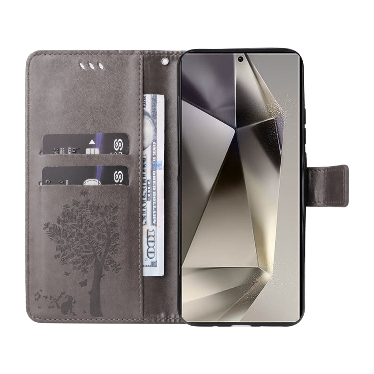 For Samsung Galaxy S25 Ultra 5G Tree & Cat Embossed Pattern Flip Leather Phone Case(Grey)