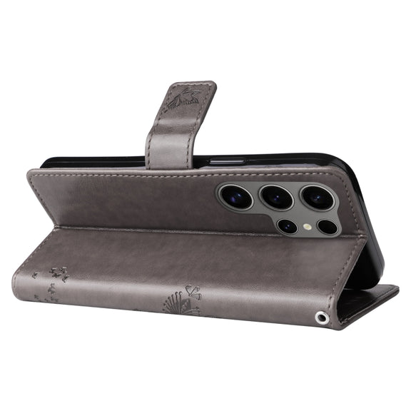 For Samsung Galaxy S25 Ultra 5G Tree & Cat Embossed Pattern Flip Leather Phone Case(Grey)