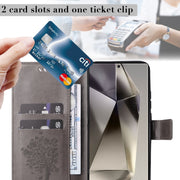 For Samsung Galaxy S25 Ultra 5G Tree & Cat Embossed Pattern Flip Leather Phone Case(Grey)