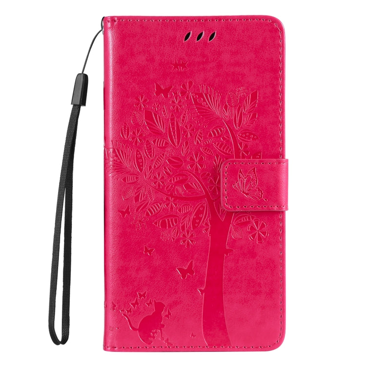 For Samsung Galaxy S25 Ultra 5G Tree & Cat Embossed Pattern Flip Leather Phone Case(Rose Red)