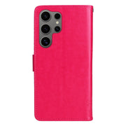 For Samsung Galaxy S25 Ultra 5G Tree & Cat Embossed Pattern Flip Leather Phone Case(Rose Red)