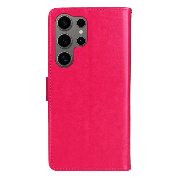 For Samsung Galaxy S25 Ultra 5G Tree & Cat Embossed Pattern Flip Leather Phone Case(Rose Red)