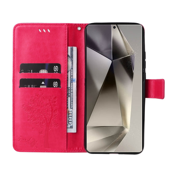 For Samsung Galaxy S25 Ultra 5G Tree & Cat Embossed Pattern Flip Leather Phone Case(Rose Red)