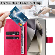 For Samsung Galaxy S25 Ultra 5G Tree & Cat Embossed Pattern Flip Leather Phone Case(Rose Red)