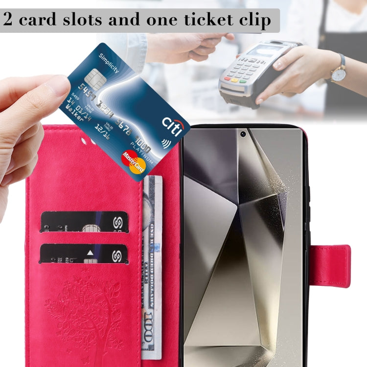For Samsung Galaxy S25 Ultra 5G Tree & Cat Embossed Pattern Flip Leather Phone Case(Rose Red)