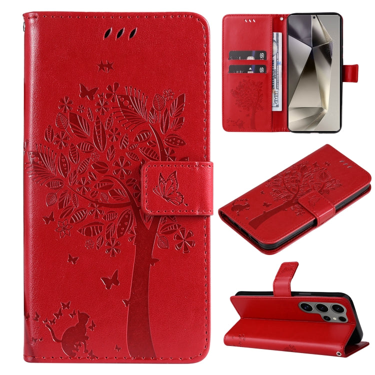For Samsung Galaxy S25 Ultra 5G Tree & Cat Embossed Pattern Flip Leather Phone Case(Red)