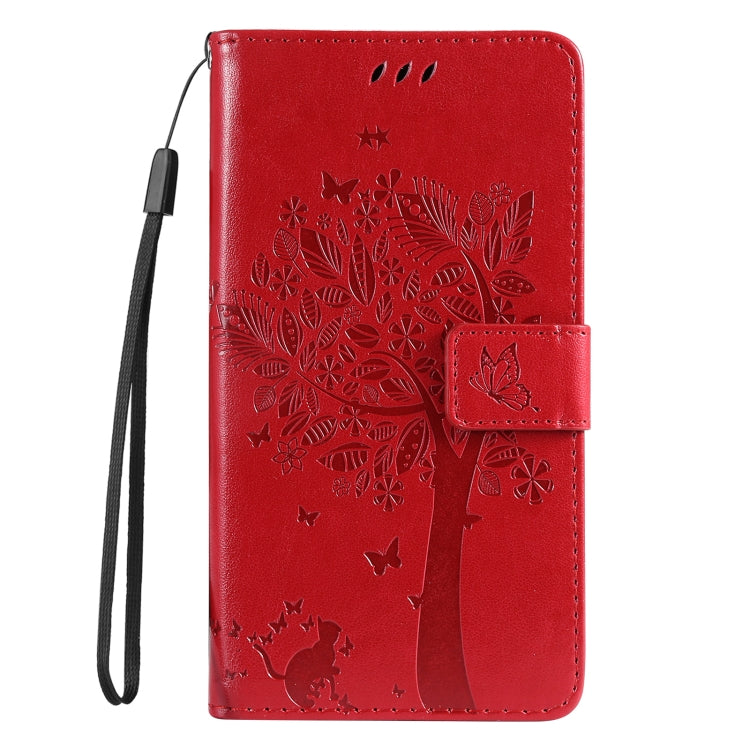 For Samsung Galaxy S25 Ultra 5G Tree & Cat Embossed Pattern Flip Leather Phone Case(Red)