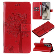 For Samsung Galaxy S25 Ultra 5G Tree & Cat Embossed Pattern Flip Leather Phone Case(Red)