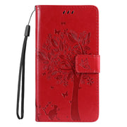 For Samsung Galaxy S25 Ultra 5G Tree & Cat Embossed Pattern Flip Leather Phone Case(Red)