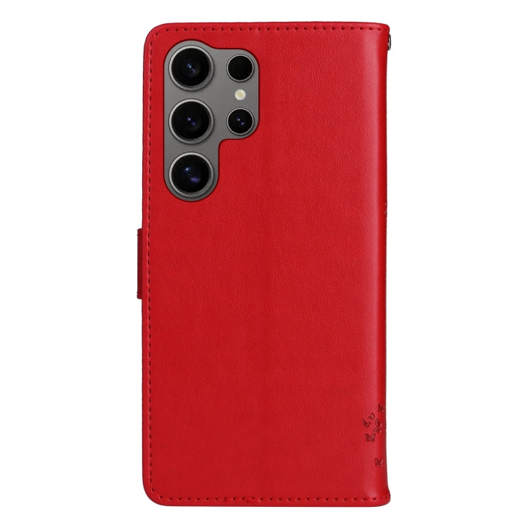 For Samsung Galaxy S25 Ultra 5G Tree & Cat Embossed Pattern Flip Leather Phone Case(Red)