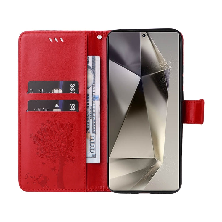 For Samsung Galaxy S25 Ultra 5G Tree & Cat Embossed Pattern Flip Leather Phone Case(Red)