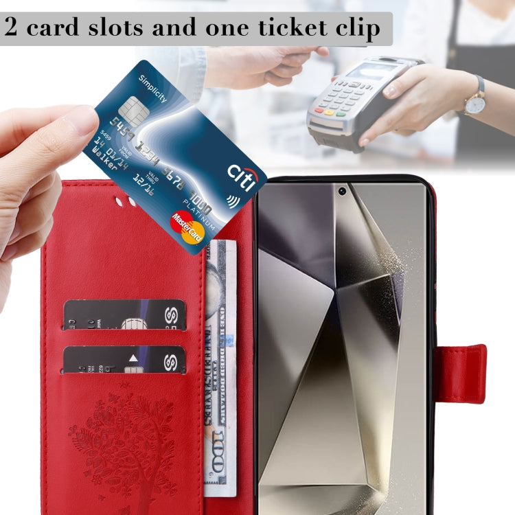 For Samsung Galaxy S25 Ultra 5G Tree & Cat Embossed Pattern Flip Leather Phone Case(Red)