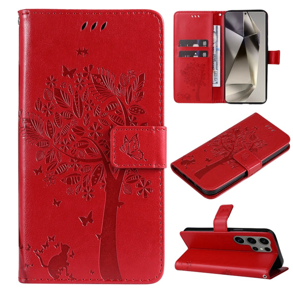For Samsung Galaxy S25 Ultra 5G Tree & Cat Embossed Pattern Flip Leather Phone Case(Red)