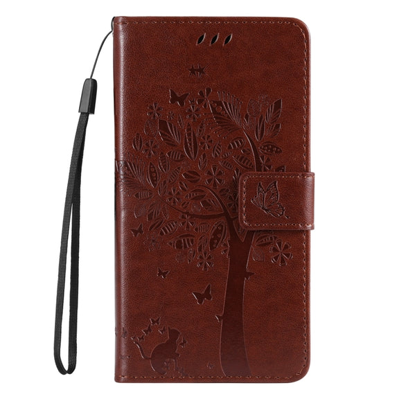 For Samsung Galaxy S25 Ultra 5G Tree & Cat Embossed Pattern Flip Leather Phone Case(Coffee)