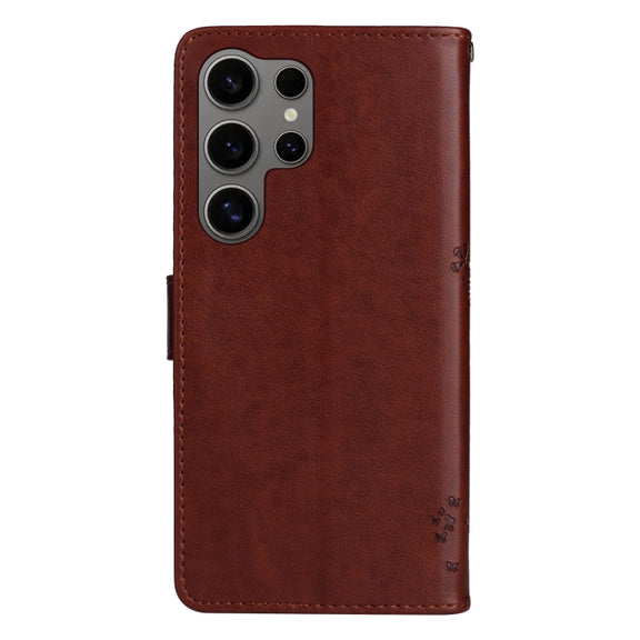 For Samsung Galaxy S25 Ultra 5G Tree & Cat Embossed Pattern Flip Leather Phone Case(Coffee)