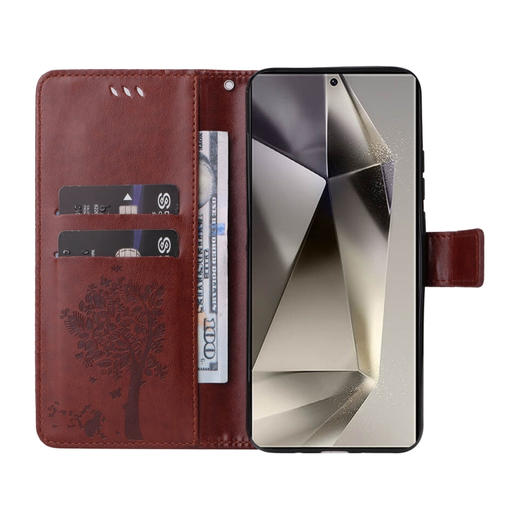 For Samsung Galaxy S25 Ultra 5G Tree & Cat Embossed Pattern Flip Leather Phone Case(Coffee)