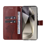 For Samsung Galaxy S25 Ultra 5G Tree & Cat Embossed Pattern Flip Leather Phone Case(Coffee)