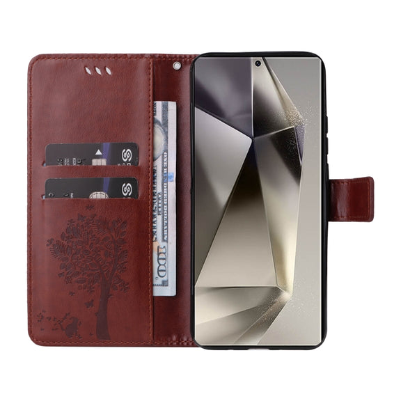 For Samsung Galaxy S25 Ultra 5G Tree & Cat Embossed Pattern Flip Leather Phone Case(Coffee)