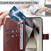 For Samsung Galaxy S25 Ultra 5G Tree & Cat Embossed Pattern Flip Leather Phone Case(Coffee)