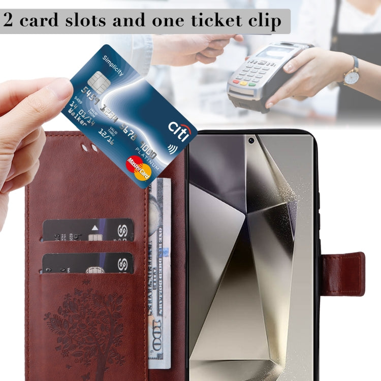 For Samsung Galaxy S25 Ultra 5G Tree & Cat Embossed Pattern Flip Leather Phone Case(Coffee)