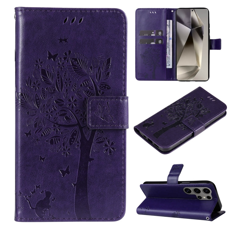 For Samsung Galaxy S25 Ultra 5G Tree & Cat Embossed Pattern Flip Leather Phone Case(Purple)