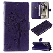For Samsung Galaxy S25 Ultra 5G Tree & Cat Embossed Pattern Flip Leather Phone Case(Purple)