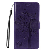 For Samsung Galaxy S25 Ultra 5G Tree & Cat Embossed Pattern Flip Leather Phone Case(Purple)