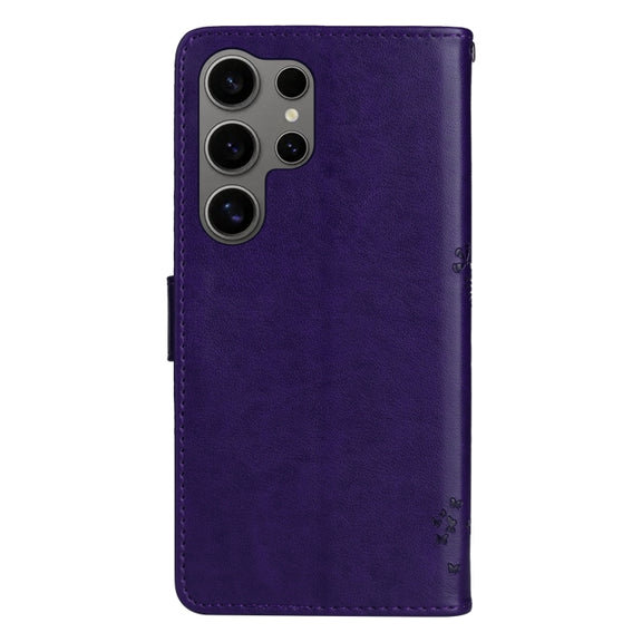 For Samsung Galaxy S25 Ultra 5G Tree & Cat Embossed Pattern Flip Leather Phone Case(Purple)