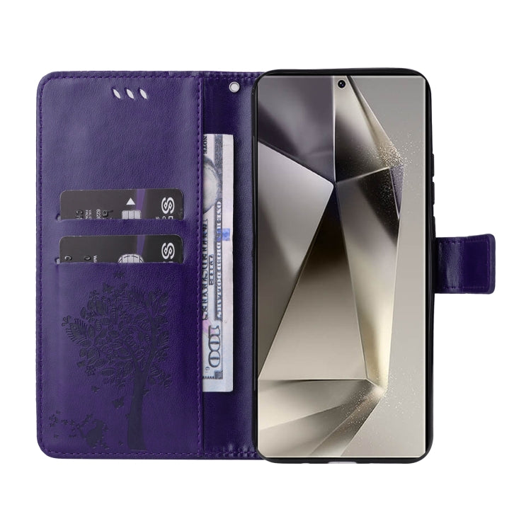 For Samsung Galaxy S25 Ultra 5G Tree & Cat Embossed Pattern Flip Leather Phone Case(Purple)