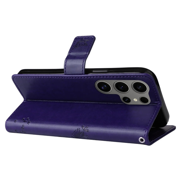 For Samsung Galaxy S25 Ultra 5G Tree & Cat Embossed Pattern Flip Leather Phone Case(Purple)