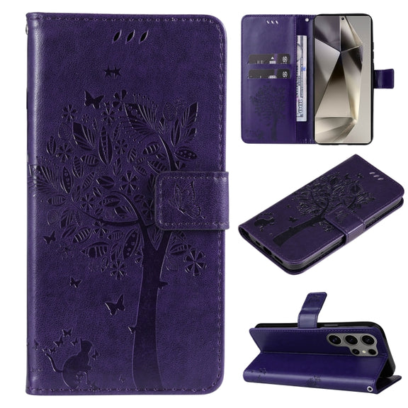 For Samsung Galaxy S25 Ultra 5G Tree & Cat Embossed Pattern Flip Leather Phone Case(Purple)