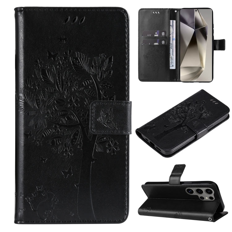 For Samsung Galaxy S25 Ultra 5G Tree & Cat Embossed Pattern Flip Leather Phone Case(Black)