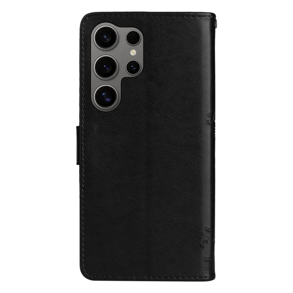 For Samsung Galaxy S25 Ultra 5G Tree & Cat Embossed Pattern Flip Leather Phone Case(Black)