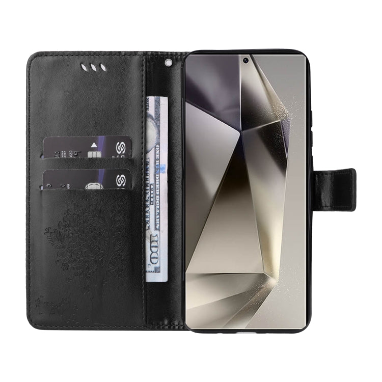 For Samsung Galaxy S25 Ultra 5G Tree & Cat Embossed Pattern Flip Leather Phone Case(Black)