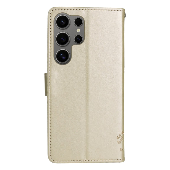 For Samsung Galaxy S25 Ultra 5G Tree & Cat Embossed Pattern Flip Leather Phone Case(Gold)